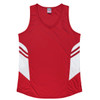 A red singlet featuring white side panels and stripes, with a branded logo on the upper part.
