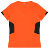 An orange women's t-shirt with black side panels and a logo on the back.