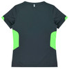 A dark grey t-shirt with lime green accents on the sides, featuring a logo.
