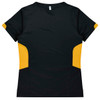 A black and yellow women's T-shirt with a fitted design and short sleeves. It features contrast panels on the sides.