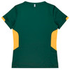 A women's T-shirt in dark green with yellow side panels and a logo on the back.