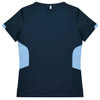 A dark navy blue women's t-shirt with light blue side panels and a logo at the back.