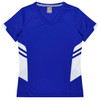 A blue women's T-shirt with white accents and a V-neck design. It features stripes on the sides and has a logo.