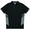 A black polo shirt featuring grey panels and a collar, with a logo on the chest area.
