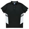 A black polo shirt featuring white accents and a logo. Designed for kids, with a collared neck and button placket.
