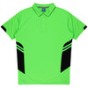 A bright green polo shirt with black accents and a collar, featuring a logo on the chest area.