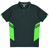 A dark green polo shirt with bright green accents and a branded logo. Features a classic collar and three-button placket.