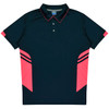 A navy polo shirt with pink accents and stripes, featuring a collar and button placket. It has a logo on the front.