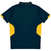 A navy blue polo shirt with yellow side panels and a logo. The shirt features a classic collar and short sleeves.
