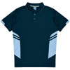A dark blue polo shirt with light blue side panels and a collar, featuring a logo.