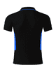 A black polo shirt with blue side panels and a logo on the collar.
