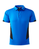 A blue polo shirt with black side panels and a collar, featuring a logo on the front.