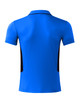A men's polo shirt in bright blue with black side panels, featuring a logo on the back.