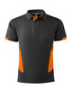 A black and orange polo shirt with a collar and contrasting side panels, featuring a logo.