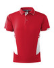 A red men's polo shirt featuring white accents and a logo. Designed for casual wear.
