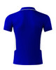 A blue men's polo shirt with white side panels and a branded logo on the back.