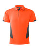 A vibrant orange polo shirt featuring dark grey accents and a logo on the collar. Suitable for casual wear.