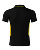 A black polo shirt with yellow side panels and a collar, featuring a logo on the back.