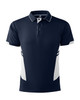 A navy blue polo shirt with white side panels and a collar, featuring a logo on the chest.