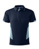 A navy blue polo shirt with light blue accents and a collar, featuring a logo.