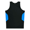 A black singlet featuring blue side panels, designed for kids, with a logo on the back.