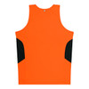 An orange singlet with black side panels and a small logo on the back. Ideal for kids' casual wear.