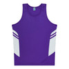 A purple singlet featuring white side panels and a logo. Suitable for kids and sports activities.
