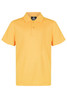 A yellow polo shirt featuring a collar and short sleeves, with a logo on the neck. Ideal for kids' sports uniforms.