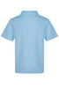 A light blue children's polo shirt with a collar, featuring a logo on the back.