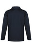 A navy blue polo shirt with a collared neckline and long sleeves, featuring a logo on the upper left chest.