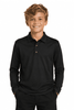 A black long-sleeve polo shirt for kids, featuring a collar and buttons, with a model smiling.