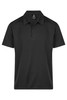 A black men's polo shirt with a collared neckline and three buttons, featuring a logo on the chest.