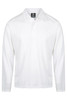 A white long-sleeve polo shirt featuring a collar and a logo. Suitable for casual wear or active use.