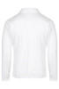 A white long-sleeve polo shirt featuring a collar and a plain back design. It has a logo on the side.