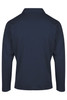 A navy blue men's polo shirt with long sleeves and a collar, featuring a branding logo.