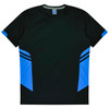 A black and blue T-shirt featuring a logo, designed for kids and promoting active wear.