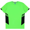 A bright green T-shirt featuring black accents on the sides and a logo on the neckline.