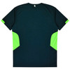 A T-shirt featuring a black base with bright green accents on the sides and a logo on the back.
