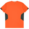 An orange t-shirt with dark grey accent panels on the sides and a simple design. It features a logo.