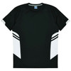 A black T-shirt with white accents and stripes on the sides. It features a logo on the collar.