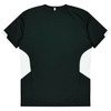 A black T-shirt with white accents on the sides and a plain back. It features a logo on the fabric.