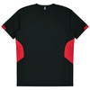 A black T-shirt with red side panels and a logo on the back.