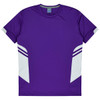 A purple T-shirt with white accent details and a logo on the collar, designed for kids.