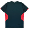A dark green t-shirt featuring red accents on the sides and a logo on the back.