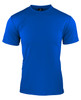 A blue men's t-shirt with a crew neckline and short sleeves. Features a logo on the collar.