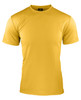 A yellow men's t-shirt with a crew neck and short sleeves, featuring a logo.