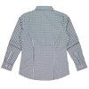 A long sleeve button-up shirt in a checkered pattern featuring navy and white colours. It has a collar and a curved hem.