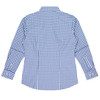 A long-sleeve button-up shirt in blue and white checked pattern, featuring a classic collar and a logo.
