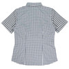A short-sleeve button-up shirt featuring a navy and white gingham pattern and a collar, with a logo on the back.