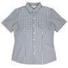 A short-sleeve button-up shirt featuring a black and white gingham pattern and a collar. It has a logo on the label.